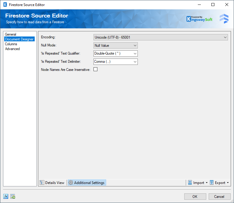 Firestore Source - Document Designer - Additional Settings